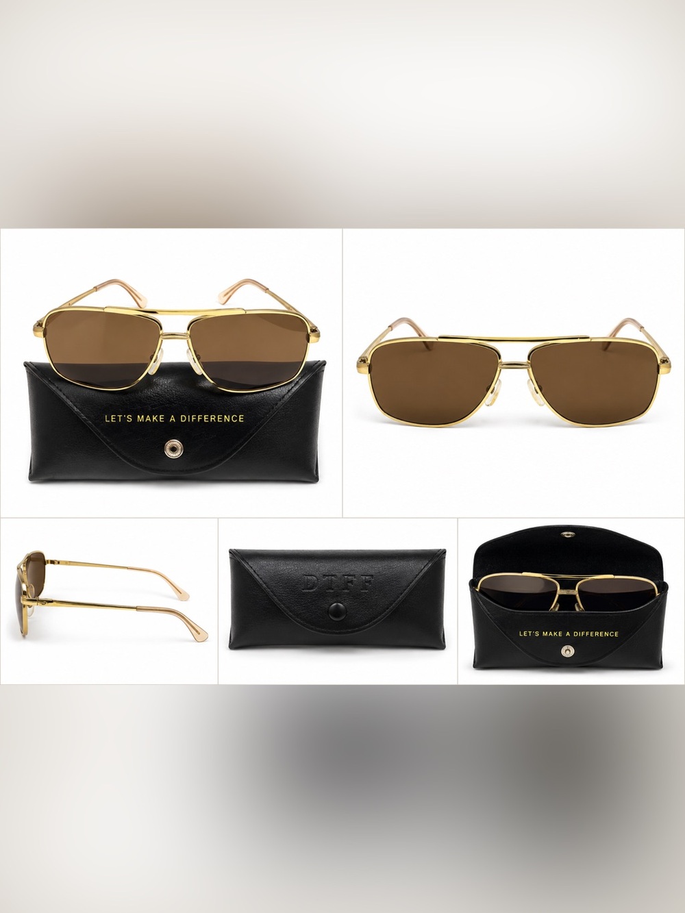 DIFF Gold Aviator Sunglasses with Brown Gradient Lenses & Case